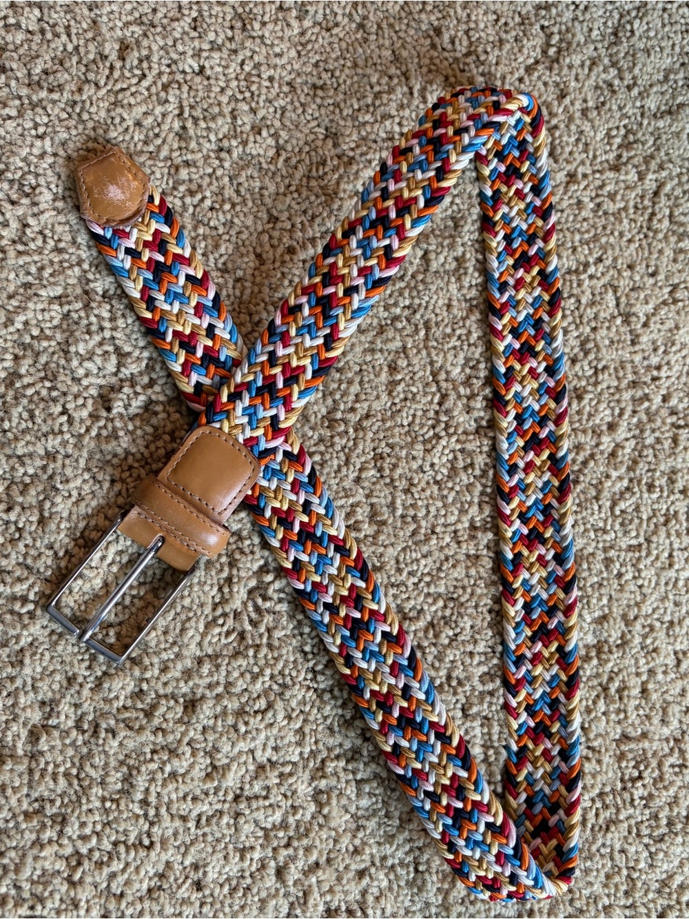Multicolor Braided Men’s Belt with Tan Leather Trim